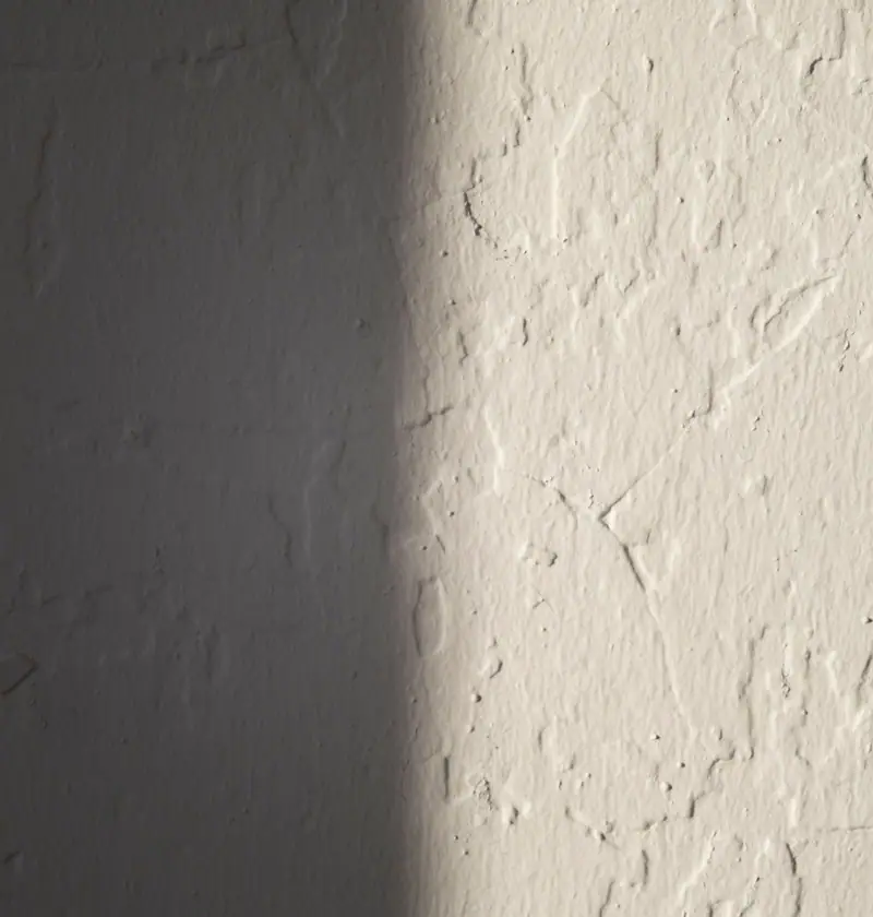 Textured wall in raking sunlight, half in shadow