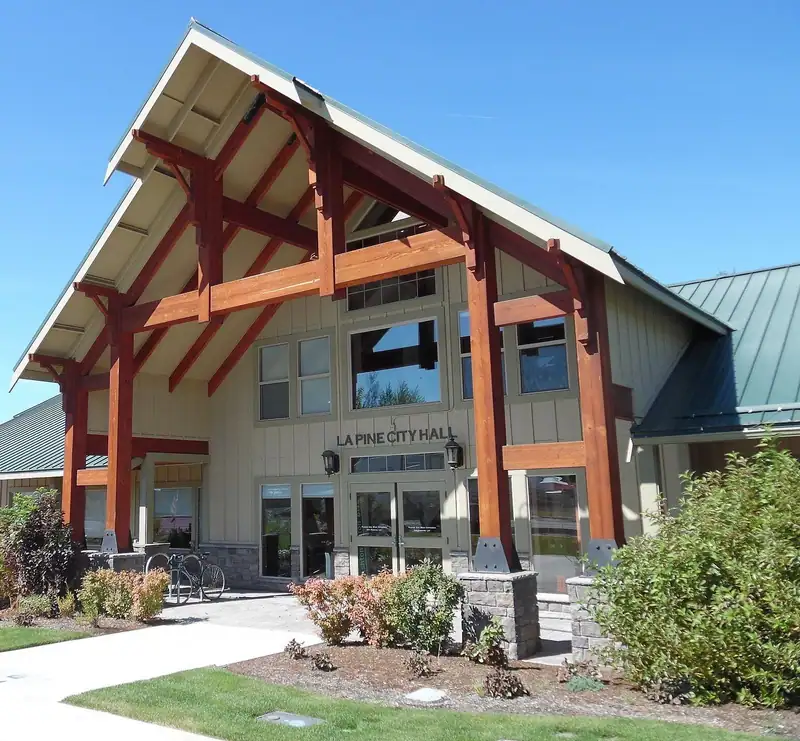 Timber-frame entry of La Pine City Hall in La Pine, Oregon